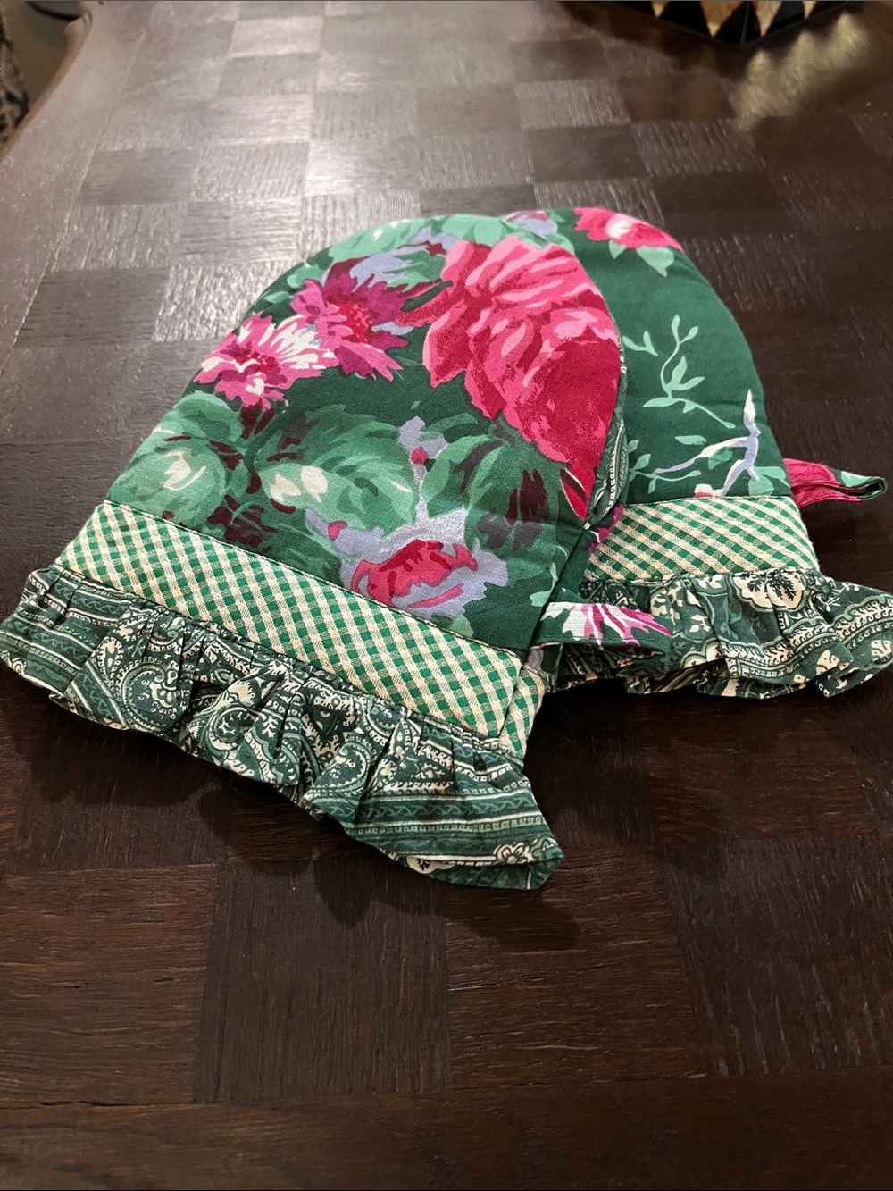 April Cornell Green Floral Oven Mitts with Pink Rose Print